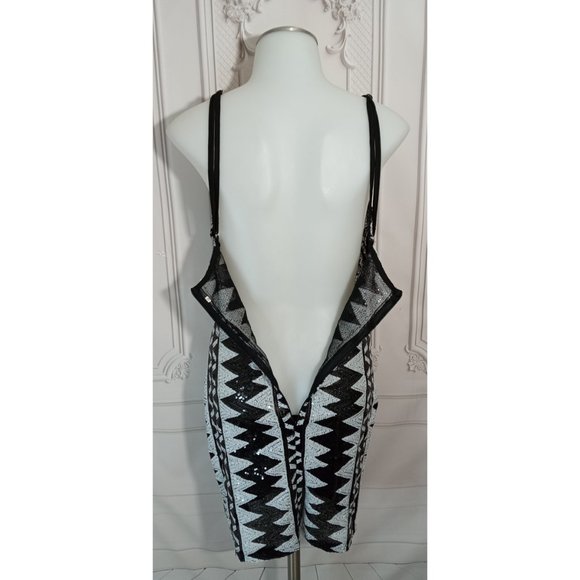 Geometric Deep Plunge V-Neck Sheer Split Bodycon Sequin Party Club Dress Sz M - Picture 7 of 9